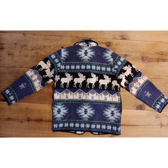 Vtg Flashback Southwest Moose Tapestry Jacket Womens S Aztec Blue Coat Blanket - Picture 4 of 5